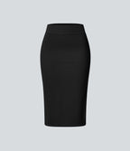 Ribbed High Waisted Split Bodycon Midi Casual Skirt — Black — view 6