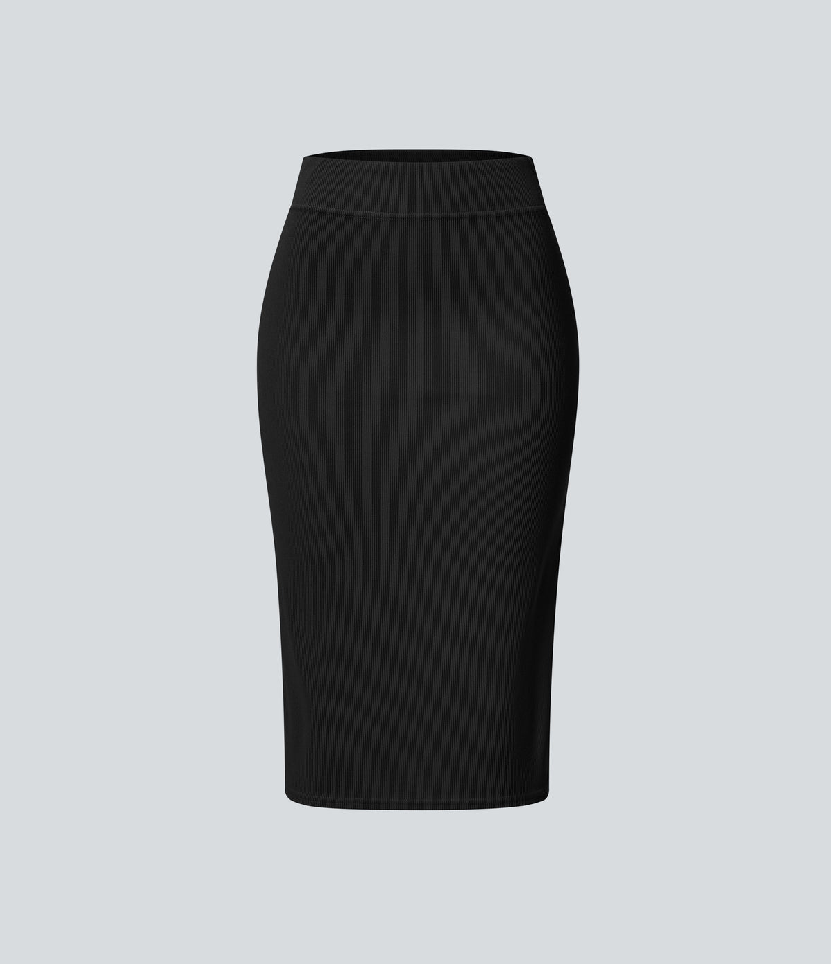 Ribbed High Waisted Split Bodycon Midi Casual Skirt — Black — view 6