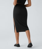 Ribbed High Waisted Split Bodycon Midi Casual Skirt — Black — view 2