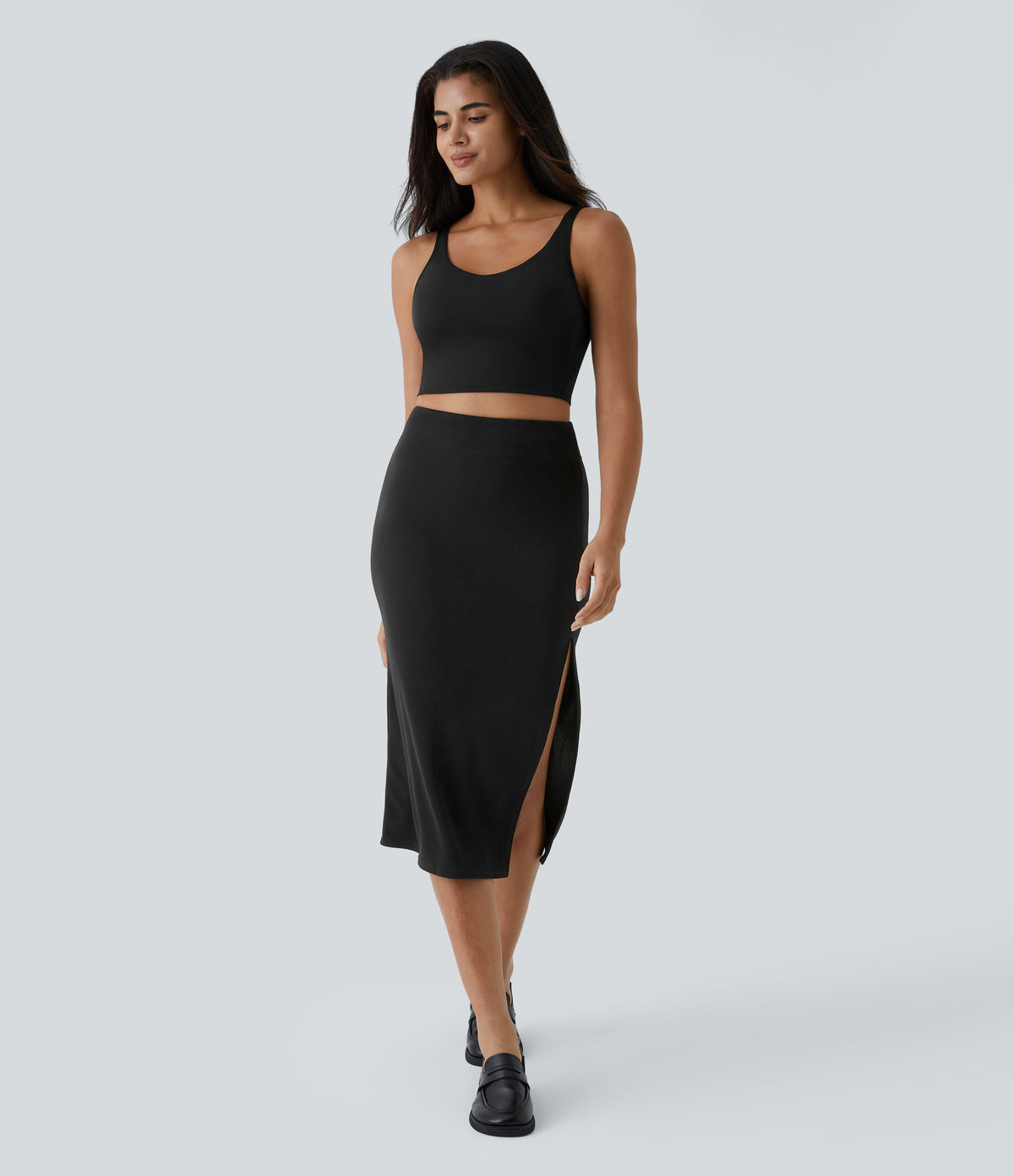 Ribbed High Waisted Split Bodycon Midi Casual Skirt — Black — view 5