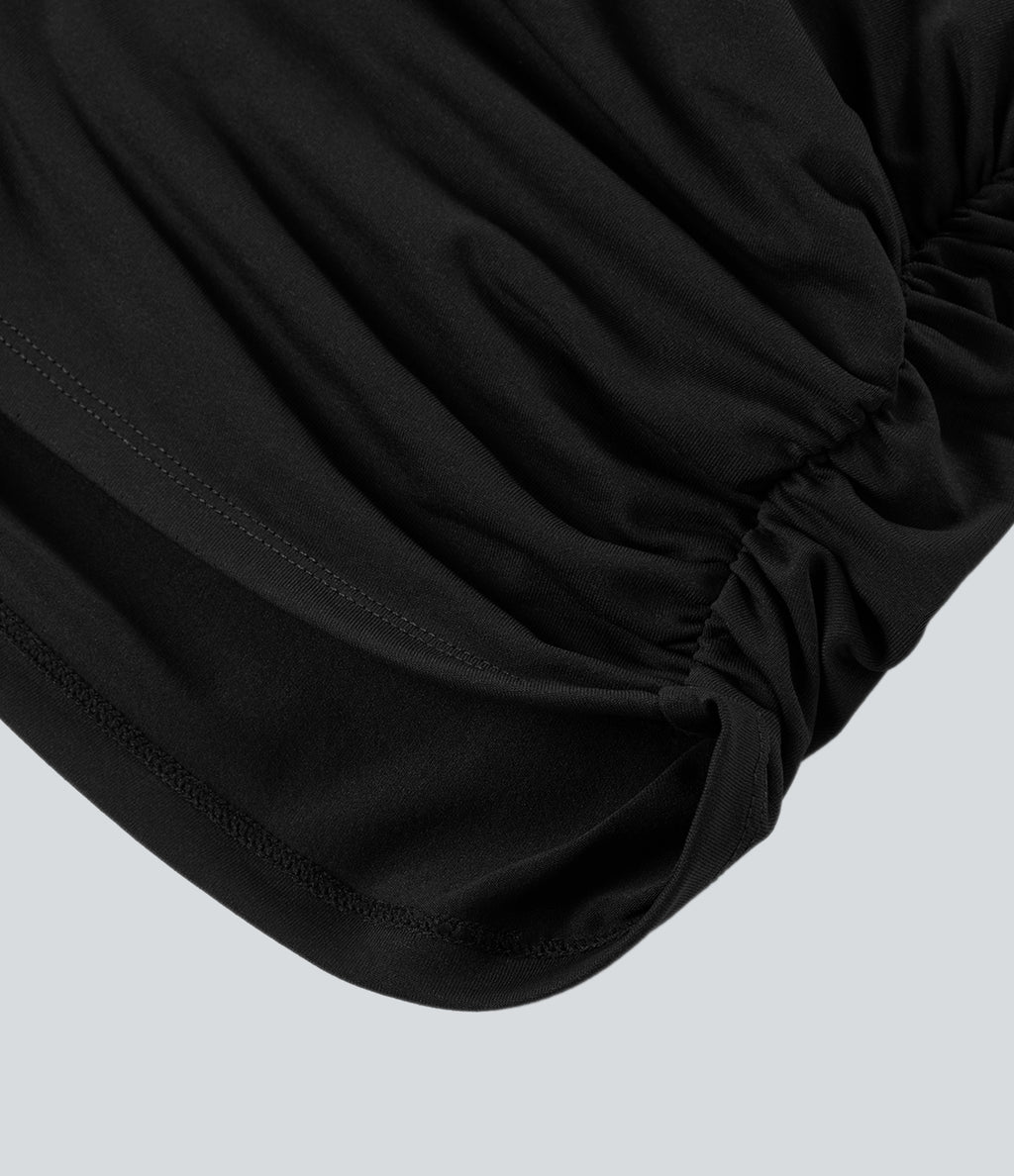 V Neck Cap Sleeve Crossover Ruched Solid Work Blouse — Black — view 8