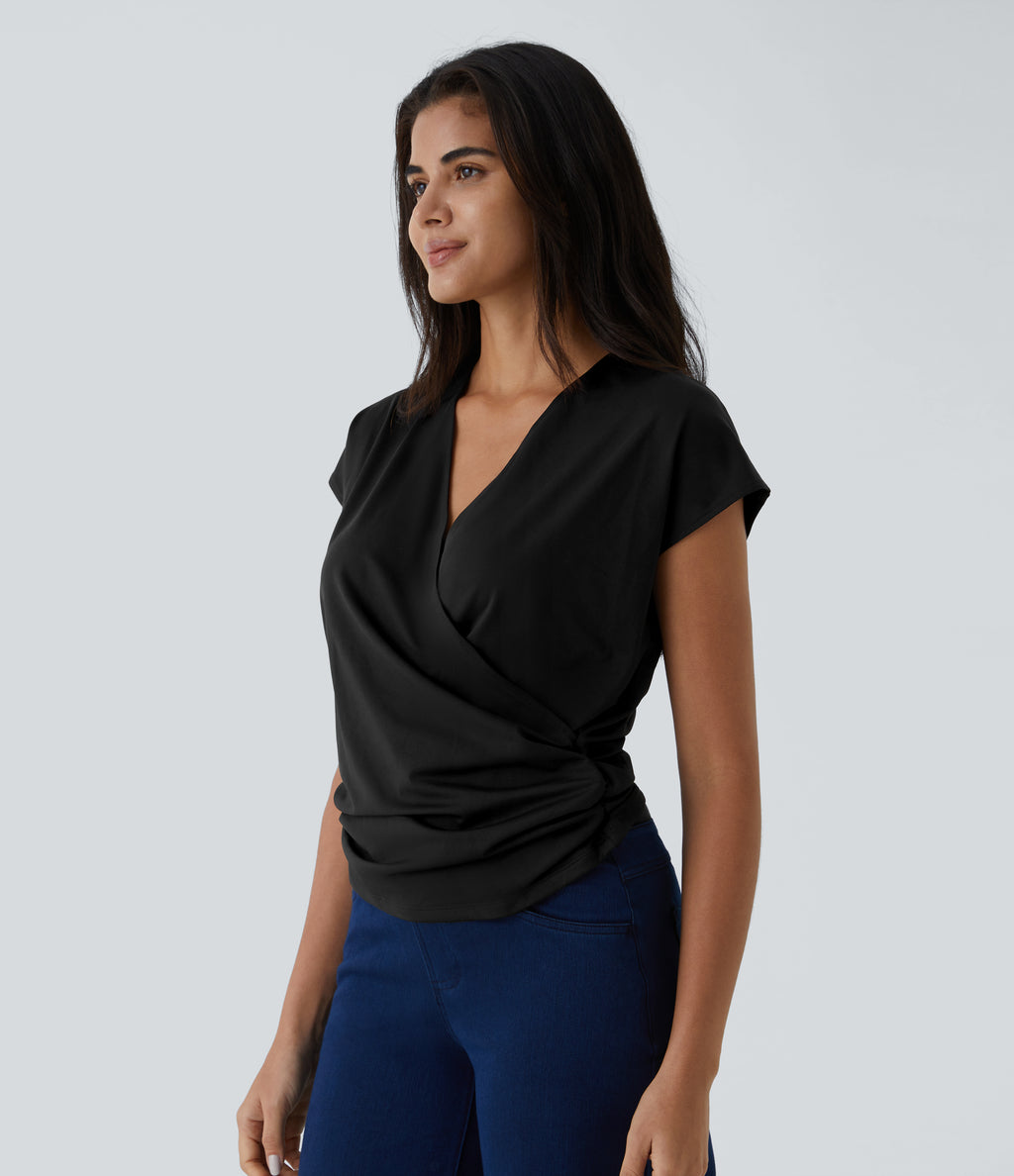 V Neck Cap Sleeve Crossover Ruched Solid Work Blouse — Black — view 4
