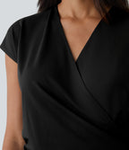V Neck Cap Sleeve Crossover Ruched Solid Work Blouse — Black — view 5