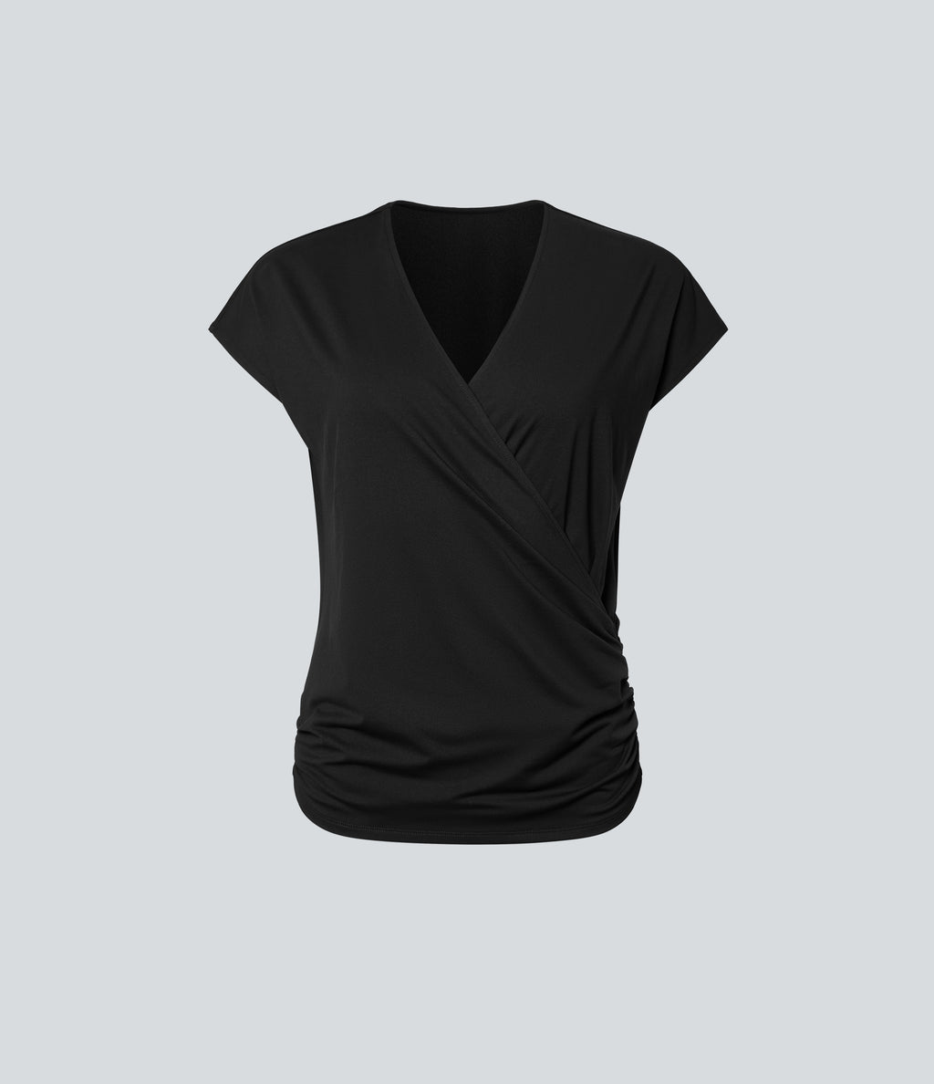 V Neck Cap Sleeve Crossover Ruched Solid Work Blouse — Black — view 7