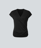 V Neck Cap Sleeve Crossover Ruched Solid Work Blouse — Black — view 7