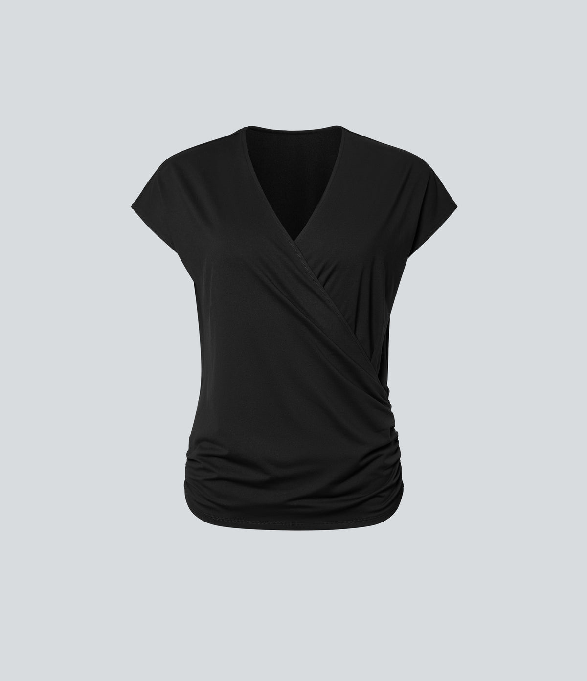 V Neck Cap Sleeve Crossover Ruched Solid Work Blouse — Black — view 7