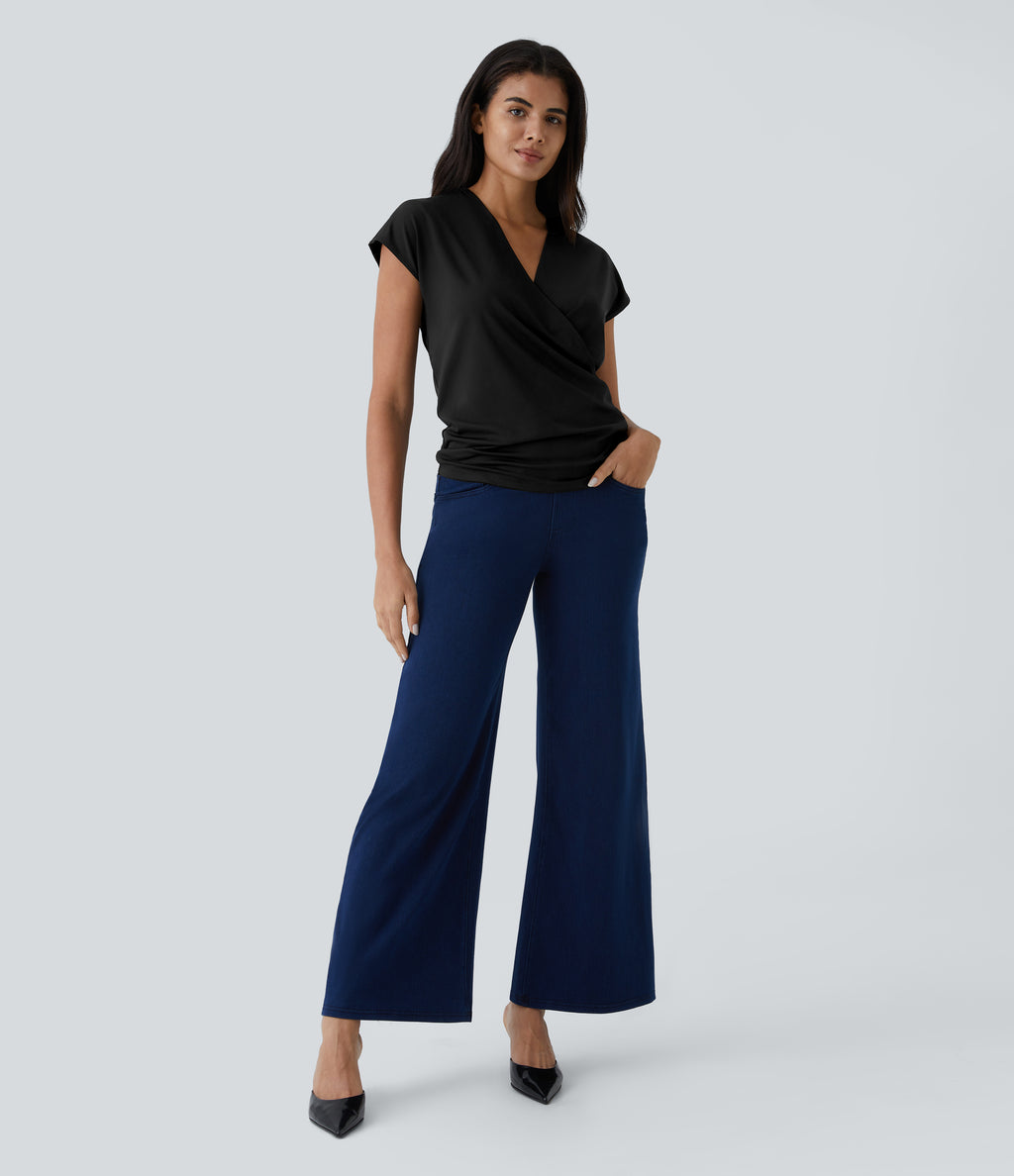 V Neck Cap Sleeve Crossover Ruched Solid Work Blouse — Black — view 6