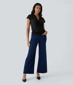 V Neck Cap Sleeve Crossover Ruched Solid Work Blouse — Black — view 6