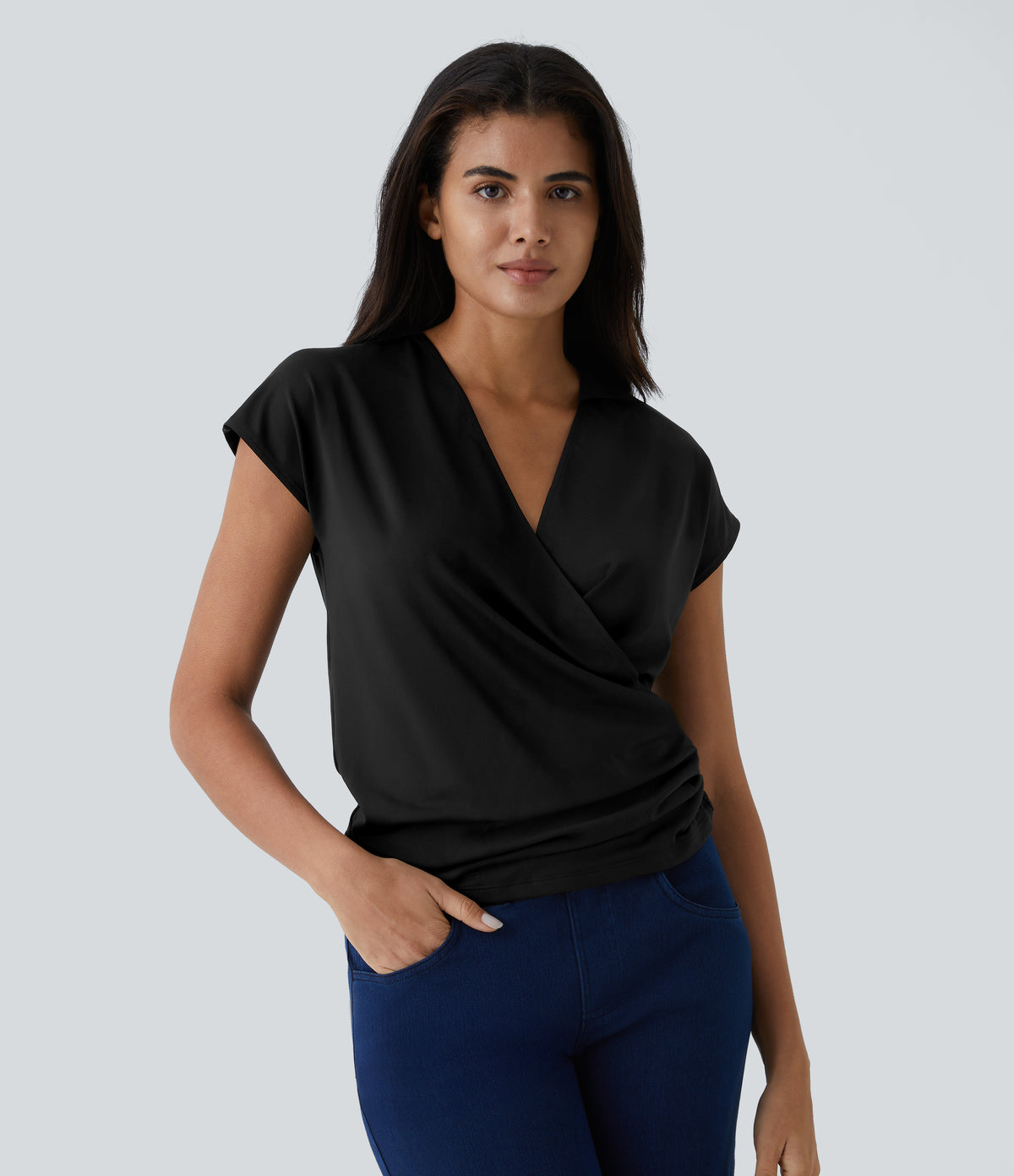 V Neck Cap Sleeve Crossover Ruched Solid Work Blouse — Black — view 2
