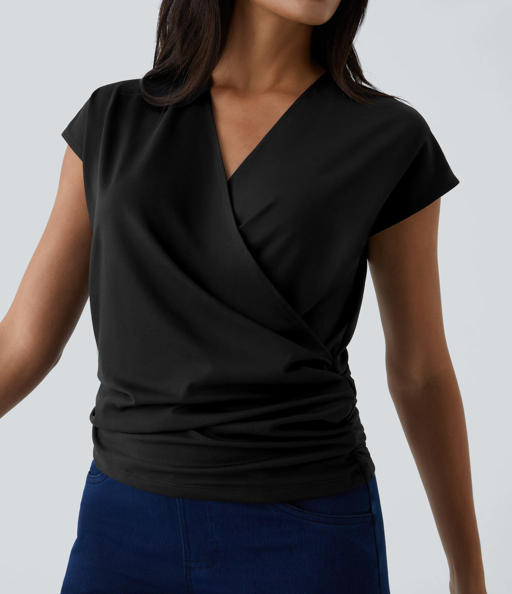 V Neck Cap Sleeve Crossover Ruched Solid Work Blouse — Black — view 1