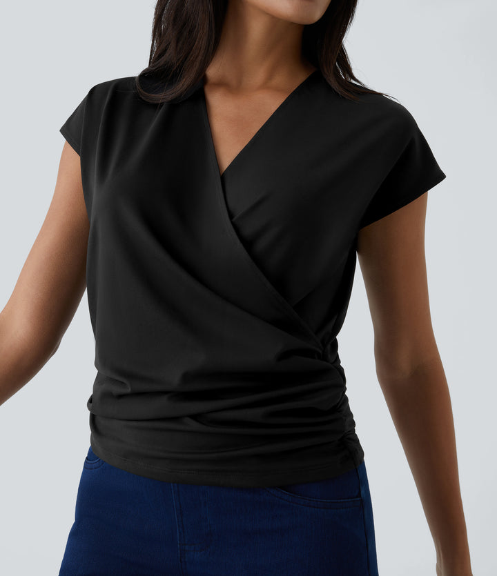 V Neck Cap Sleeve Crossover Ruched Solid Work Blouse — Black — view 1