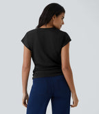 V Neck Cap Sleeve Crossover Ruched Solid Work Blouse — Black — view 3