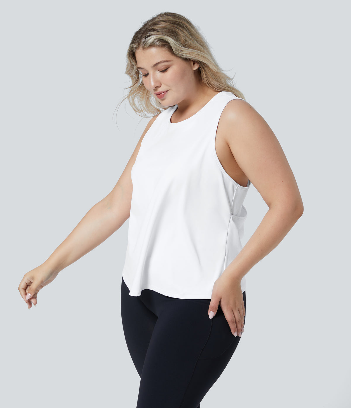 Cut Out Crossover Hem Solid Yoga Plus Size Tank Vest Top — White — view 3