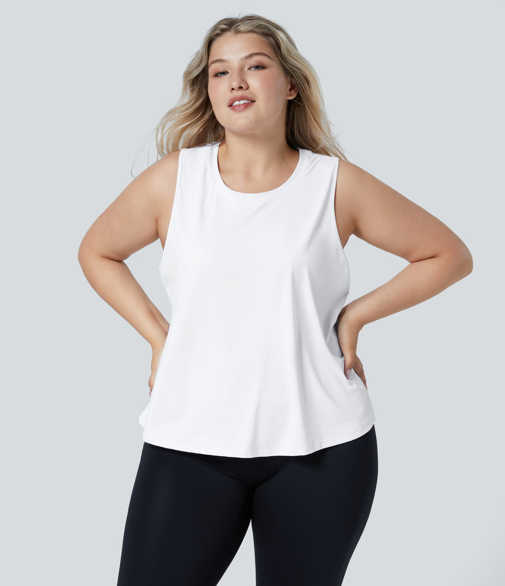 Cut Out Crossover Hem Solid Yoga Plus Size Tank Vest Top — White — view 2