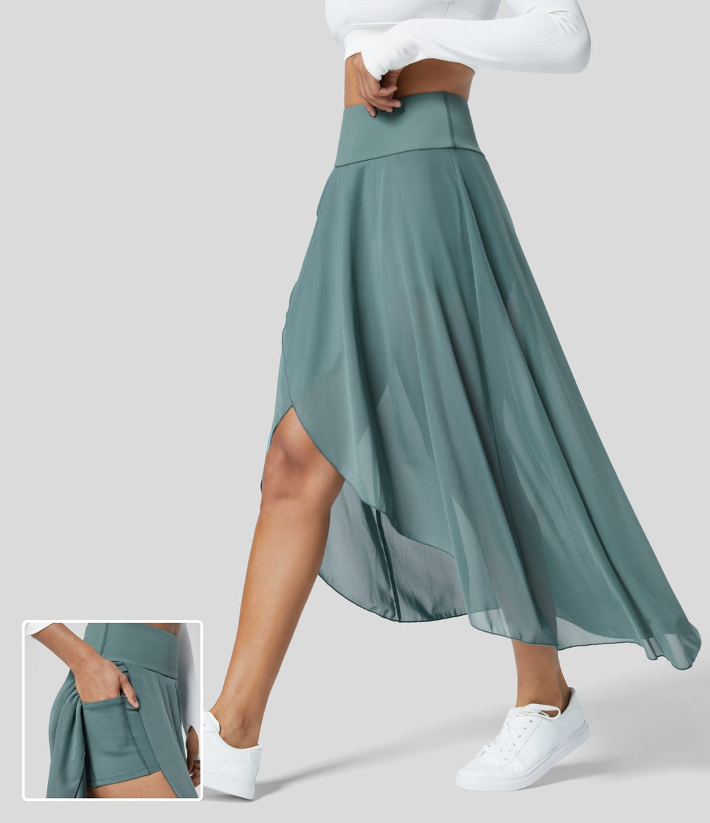High Waisted High Low Ruffle 2-in-1 Side Pocket Flare Mesh Casual Regular Maxi Skirt — Mineral Blue — view 1
