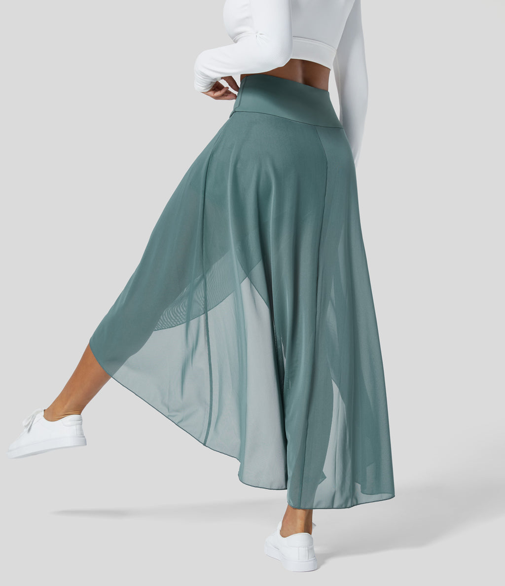 High Waisted High Low Ruffle 2-in-1 Side Pocket Flare Mesh Casual Regular Maxi Skirt — Mineral Blue — view 3