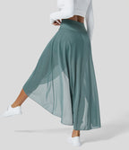 High Waisted High Low Ruffle 2-in-1 Side Pocket Flare Mesh Casual Regular Maxi Skirt — Mineral Blue — view 3