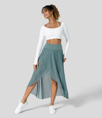 High Waisted High Low Ruffle 2-in-1 Side Pocket Flare Mesh Casual Regular Maxi Skirt — Mineral Blue — view 6