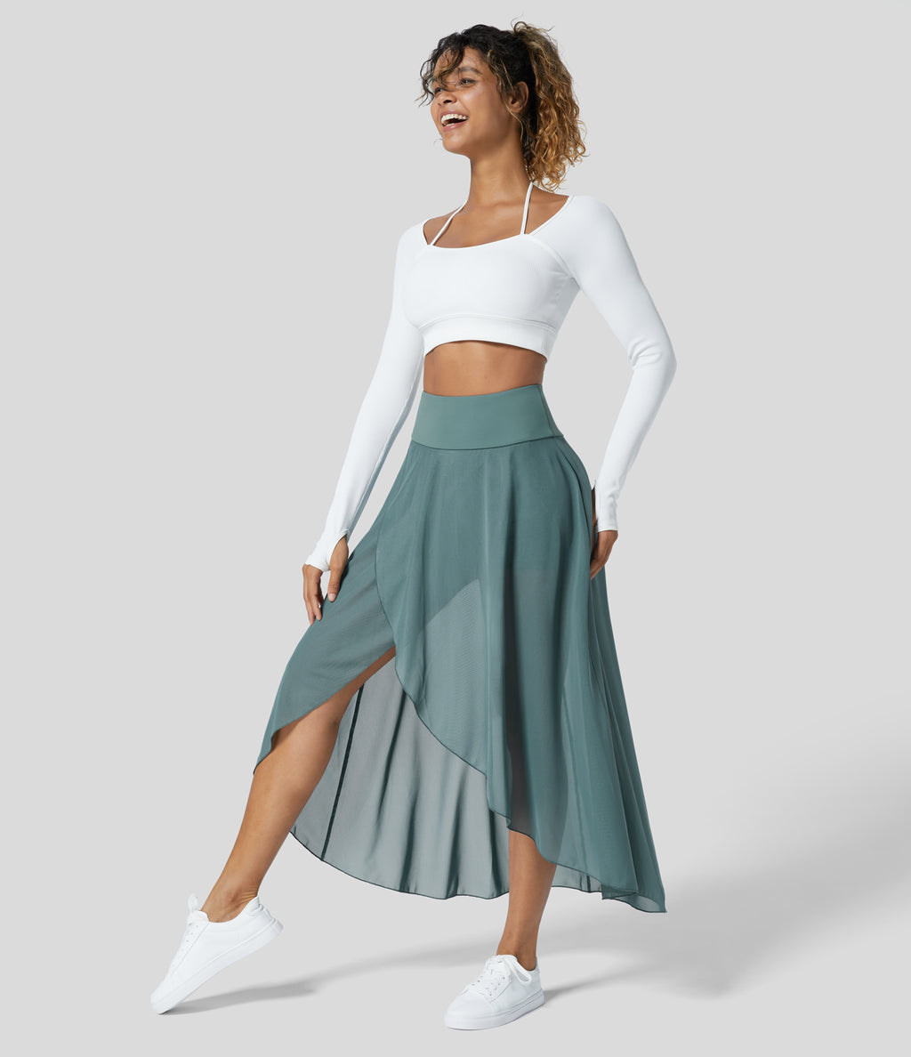High Waisted High Low Ruffle 2-in-1 Side Pocket Flare Mesh Casual Regular Maxi Skirt — Mineral Blue — view 5