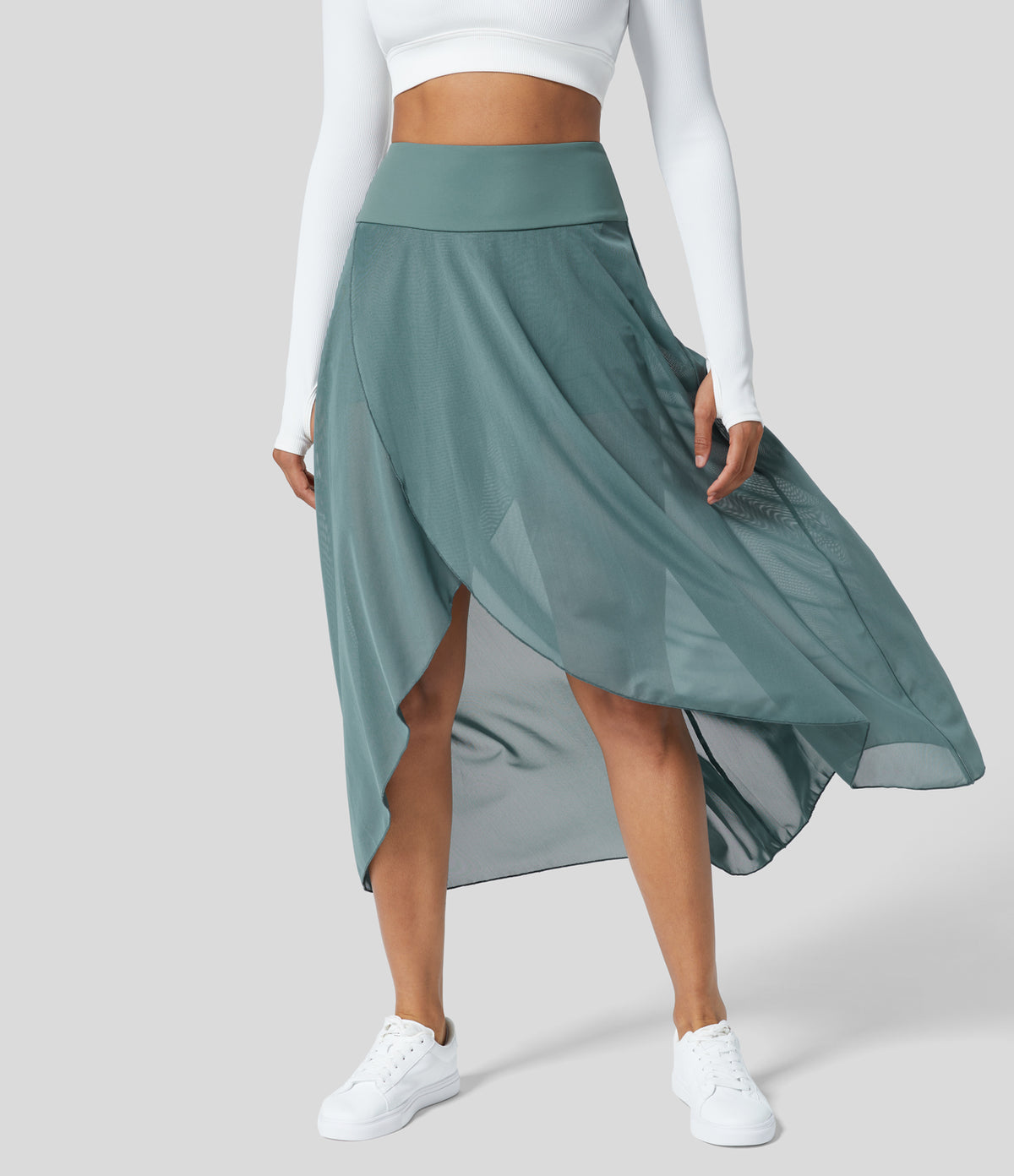 High Waisted High Low Ruffle 2-in-1 Side Pocket Flare Mesh Casual Regular Maxi Skirt — Mineral Blue — view 2
