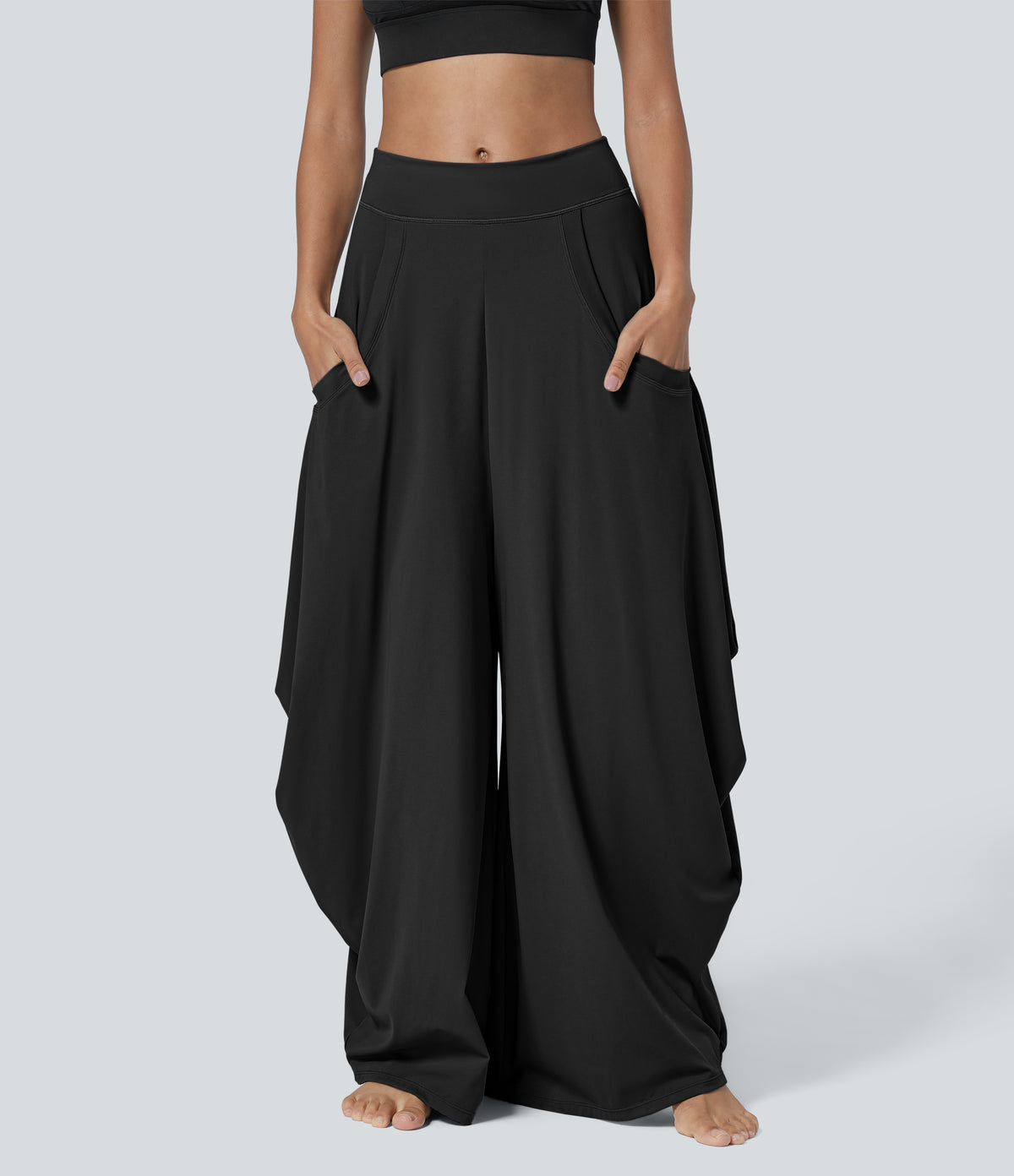Mid Rise Multiple Pockets Draped Wide Leg Casual Trousers — Black — view 4