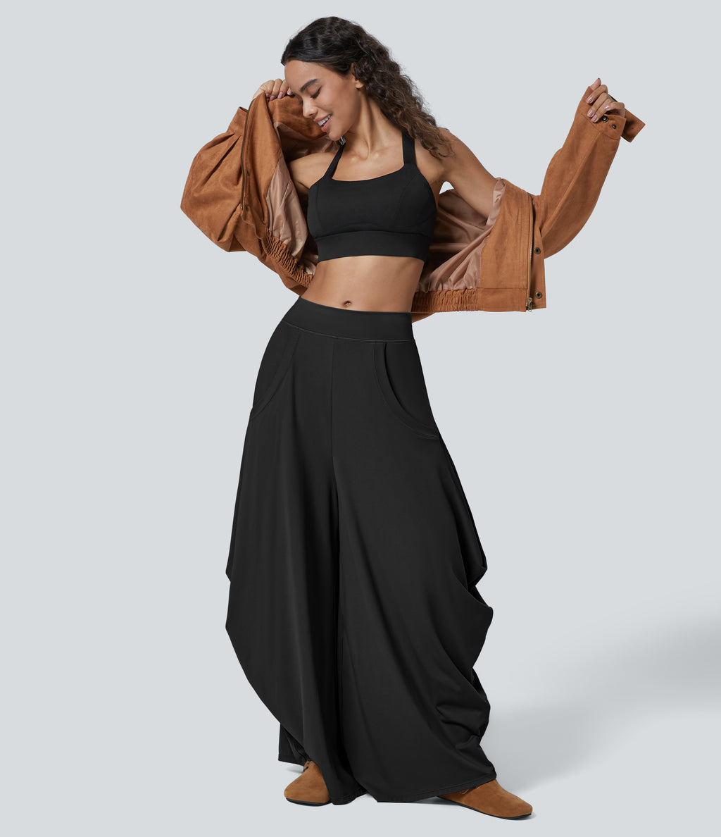 Mid Rise Multiple Pockets Draped Wide Leg Casual Trousers — Black — view 5