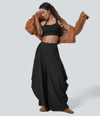 Mid Rise Multiple Pockets Draped Wide Leg Casual Trousers — Black — view 5