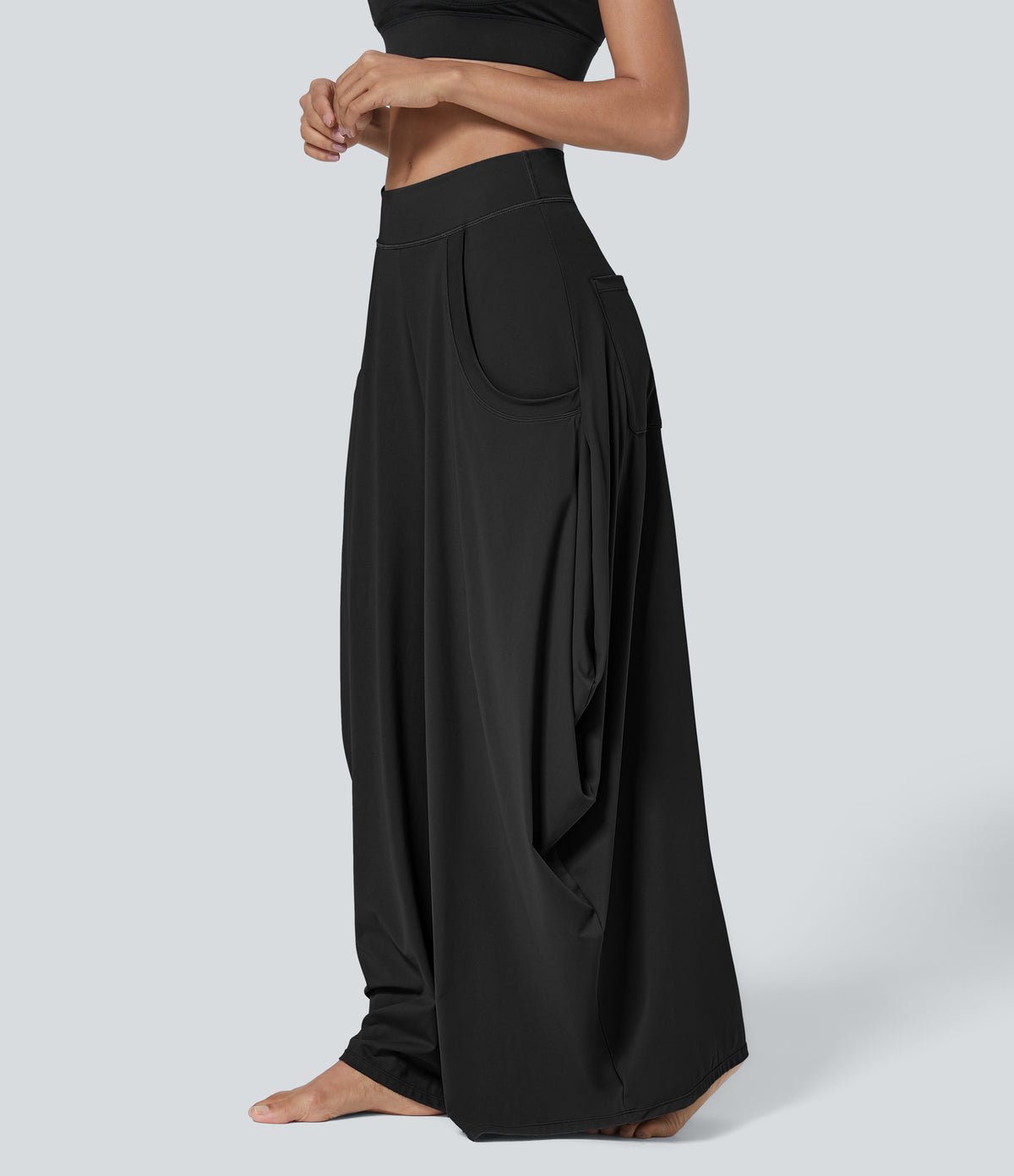 Mid Rise Multiple Pockets Draped Wide Leg Casual Trousers — Black — view 3