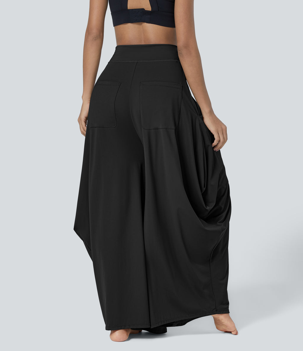 Mid Rise Multiple Pockets Draped Wide Leg Casual Trousers — Black — view 2