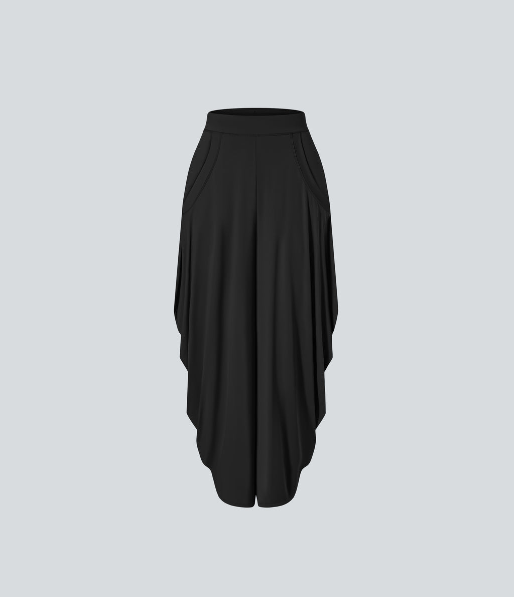 Mid Rise Multiple Pockets Draped Wide Leg Casual Trousers — Black — view 6