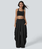 Mid Rise Multiple Pockets Draped Wide Leg Casual Trousers — Black — view 1