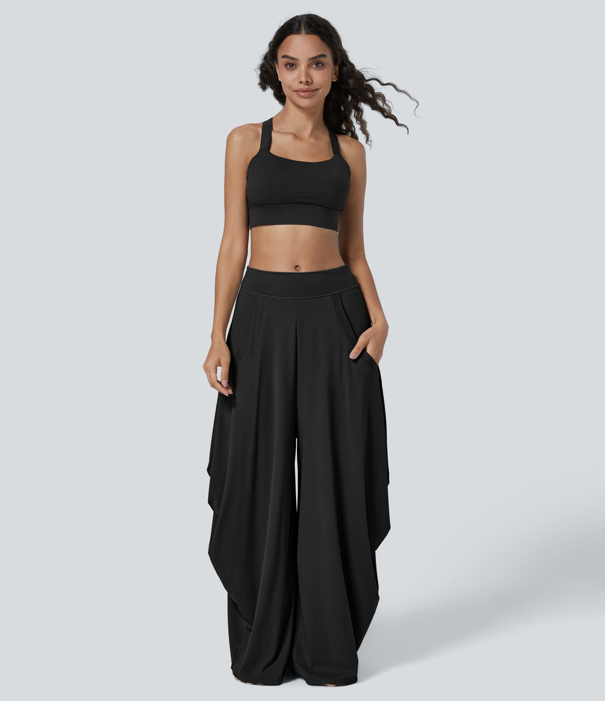 Mid Rise Multiple Pockets Draped Wide Leg Casual Trousers — Black — view 1
