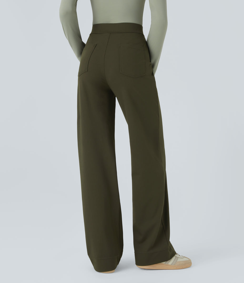 High Waisted Pockets Straight Leg Casual Trousers — Forest Night — view 2