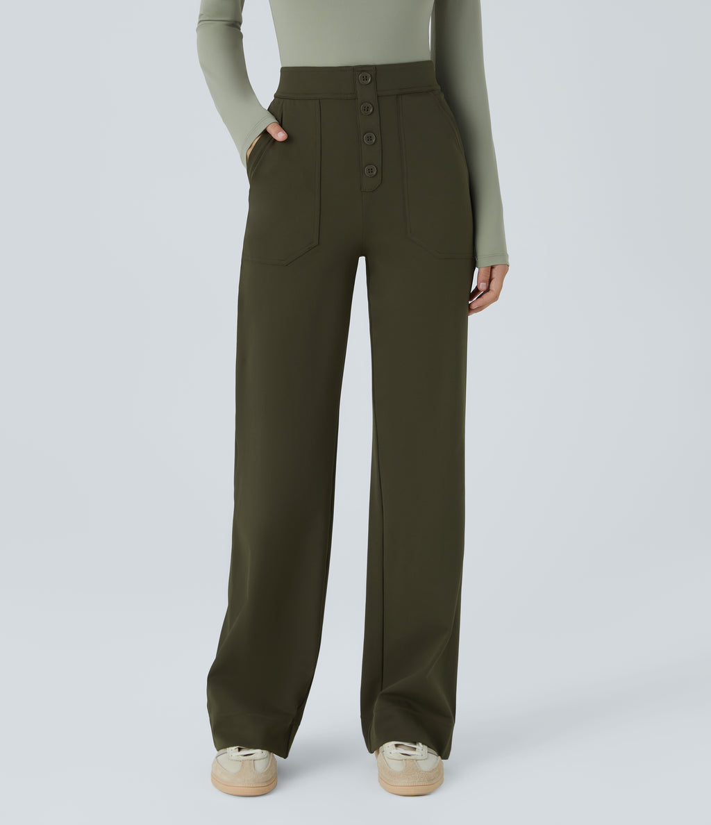 High Waisted Pockets Straight Leg Casual Trousers — Forest Night — view 1