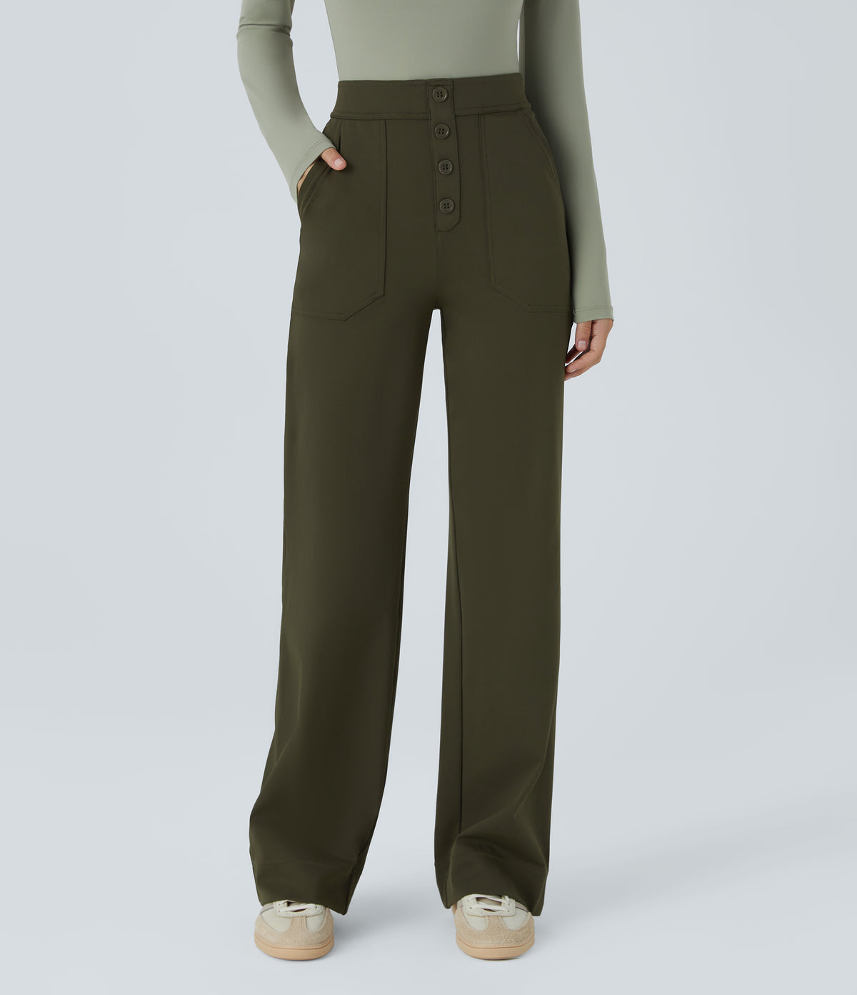 High Waisted Pockets Straight Leg Casual Trousers — Forest Night — view 1