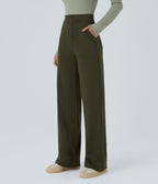 High Waisted Pockets Straight Leg Casual Trousers — Forest Night — view 3