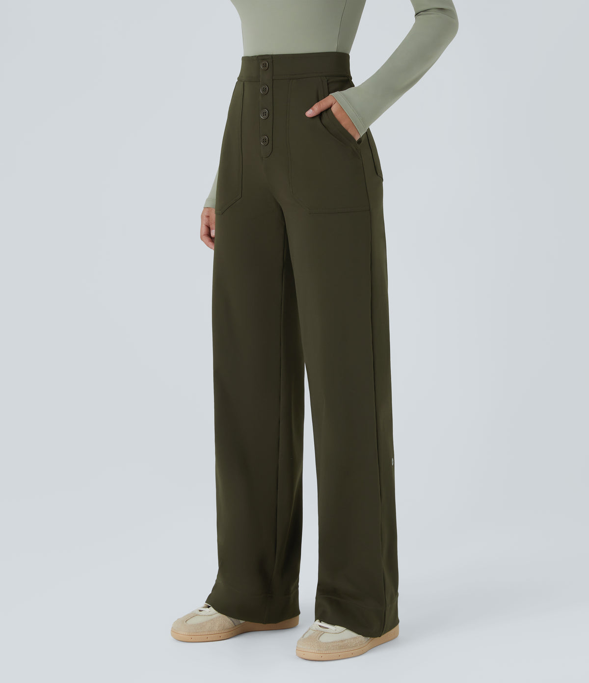 High Waisted Pockets Straight Leg Casual Trousers — Forest Night — view 3