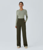 High Waisted Pockets Straight Leg Casual Trousers — Forest Night — view 7