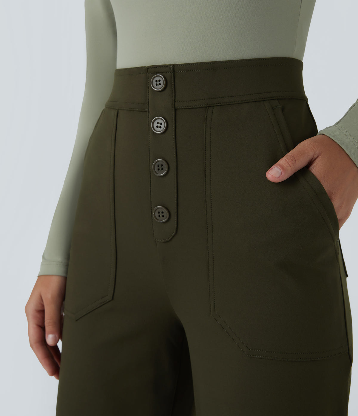 High Waisted Pockets Straight Leg Casual Trousers — Forest Night — view 4