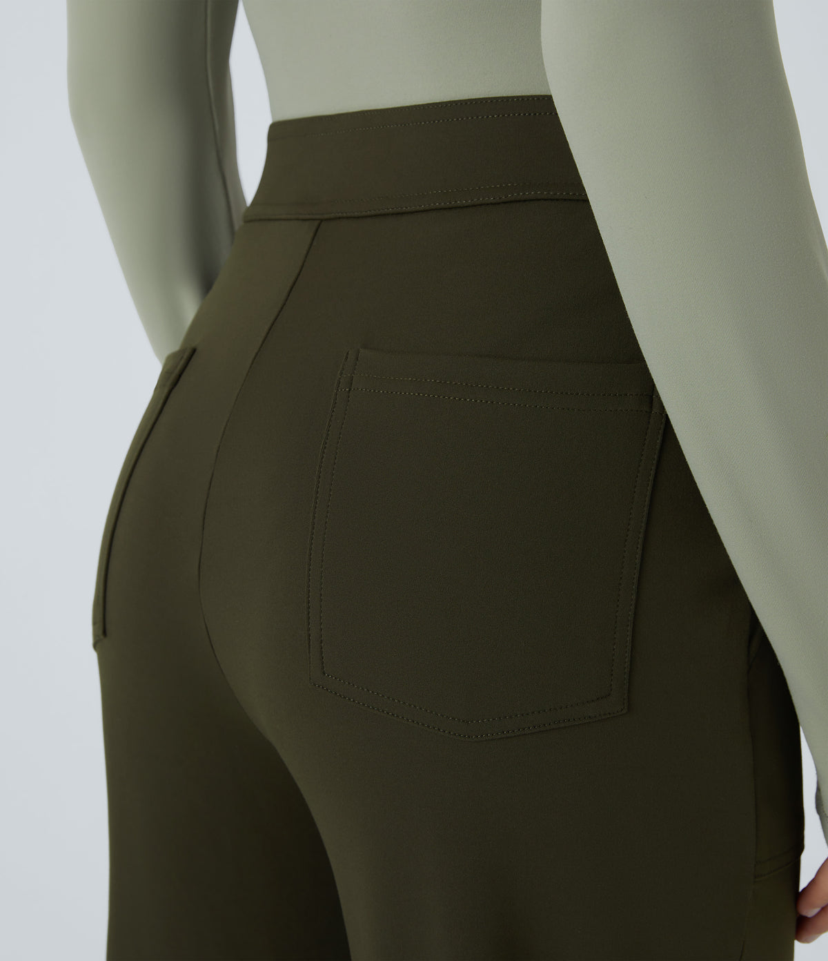 High Waisted Pockets Straight Leg Casual Trousers — Forest Night — view 5