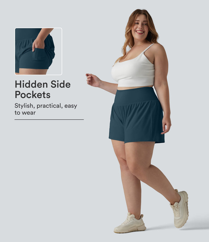 Super High Waisted Back Pocket & Side Hidden Pocket 2-in-1 Yoga Plus Size Shorts 4''-Longer Length — Majolica Blue — view 1