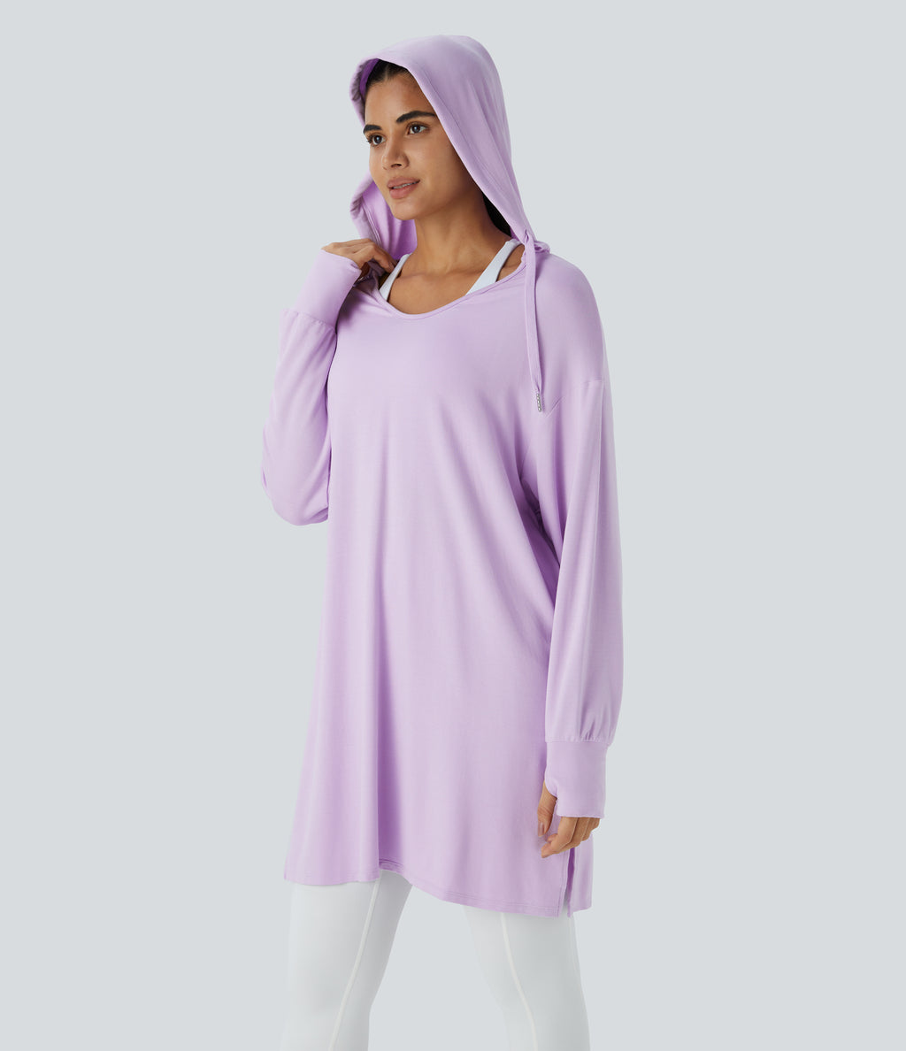Hooded V Neck Drawstring Thumb Hole Split Longline Casual Sweatshirt — Misty Purple — view 6