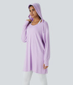 Hooded V Neck Drawstring Thumb Hole Split Longline Casual Sweatshirt — Misty Purple — view 6