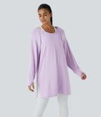 Hooded V Neck Drawstring Thumb Hole Split Longline Casual Sweatshirt — Misty Purple — view 1