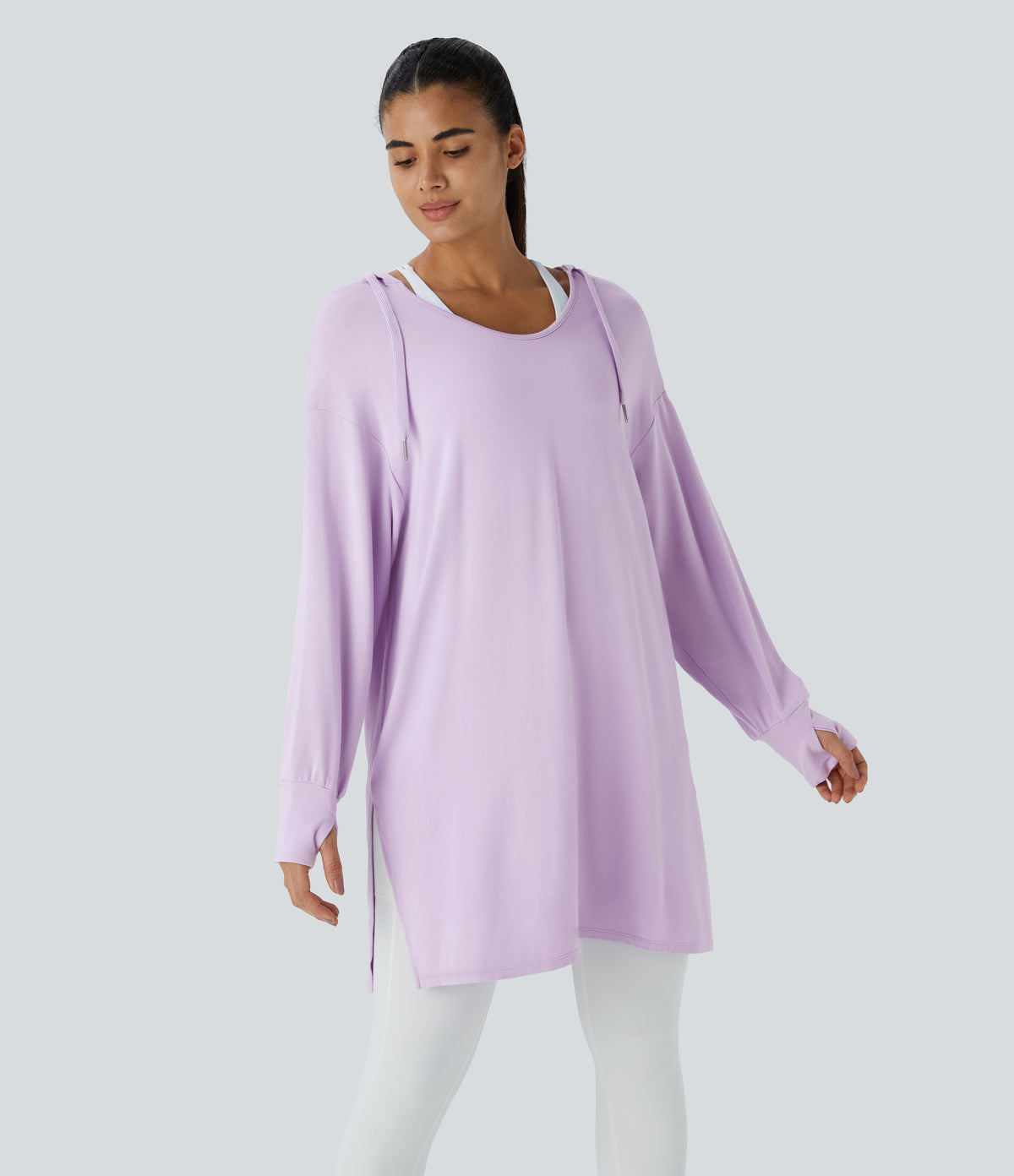 Hooded V Neck Drawstring Thumb Hole Split Longline Casual Sweatshirt — Misty Purple — view 1