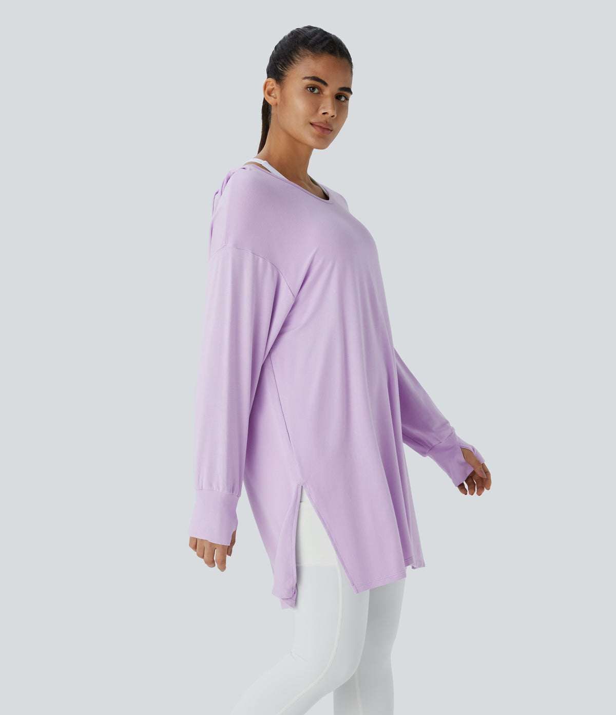 Hooded V Neck Drawstring Thumb Hole Split Longline Casual Sweatshirt — Misty Purple — view 3