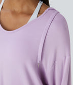 Hooded V Neck Drawstring Thumb Hole Split Longline Casual Sweatshirt — Misty Purple — view 4