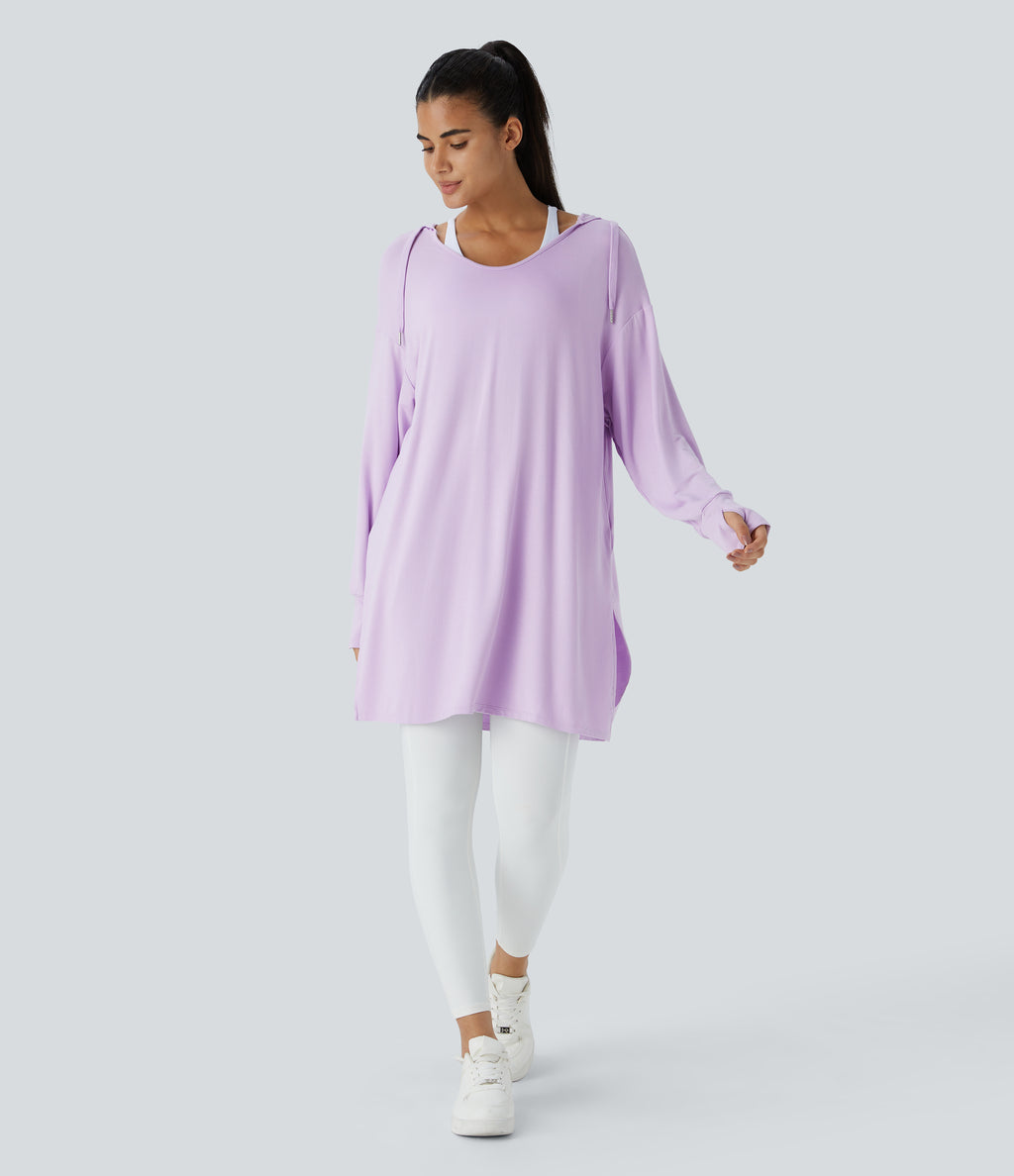 Hooded V Neck Drawstring Thumb Hole Split Longline Casual Sweatshirt — Misty Purple — view 7