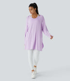 Hooded V Neck Drawstring Thumb Hole Split Longline Casual Sweatshirt — Misty Purple — view 7