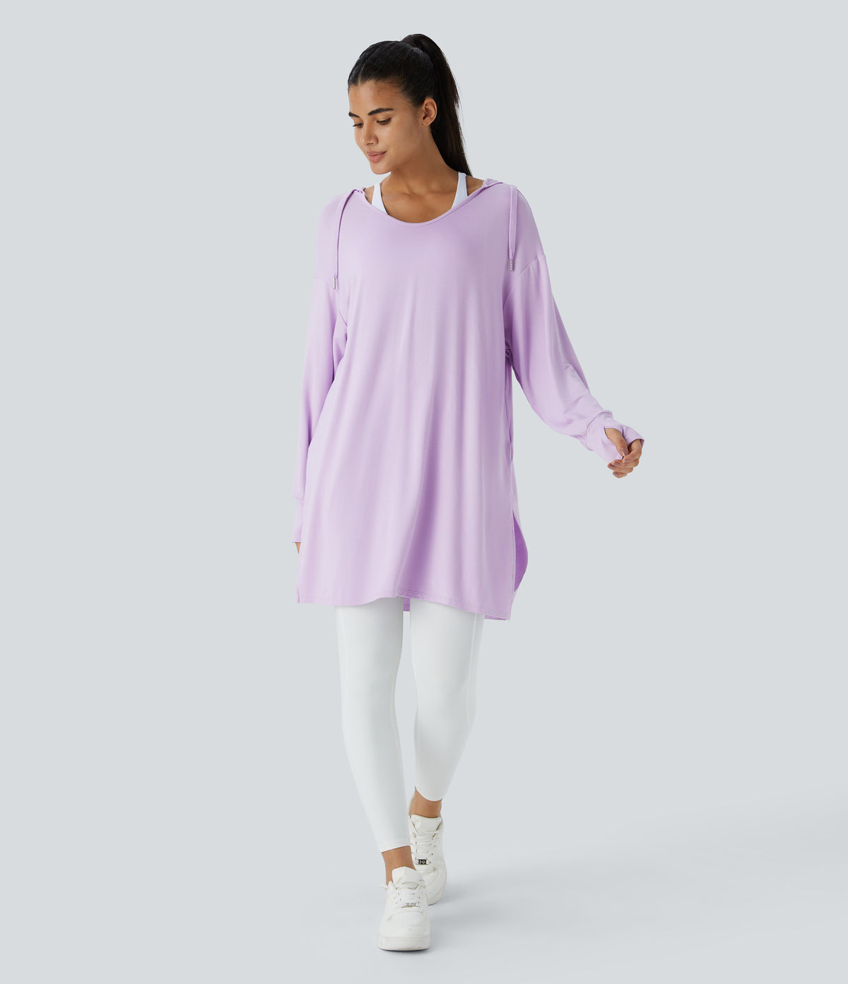 Hooded V Neck Drawstring Thumb Hole Split Longline Casual Sweatshirt — Misty Purple — view 7